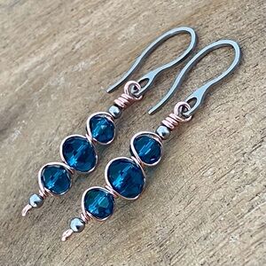 Wire Wrapped Artisan Earrings in Copper & Stainless Steel Sparkling Rondelles